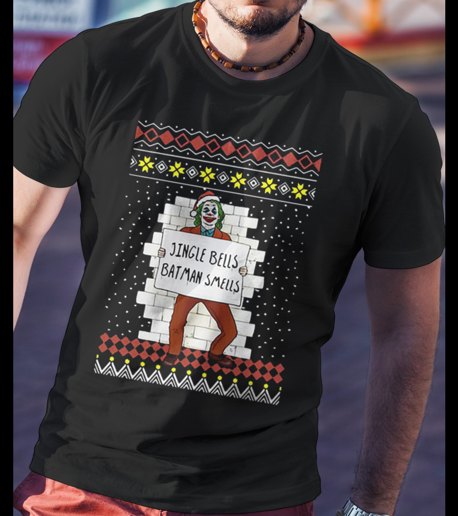 Jingle Bells Batman Smells Joker In Santa Hat Ugly Christmas T-Shirt