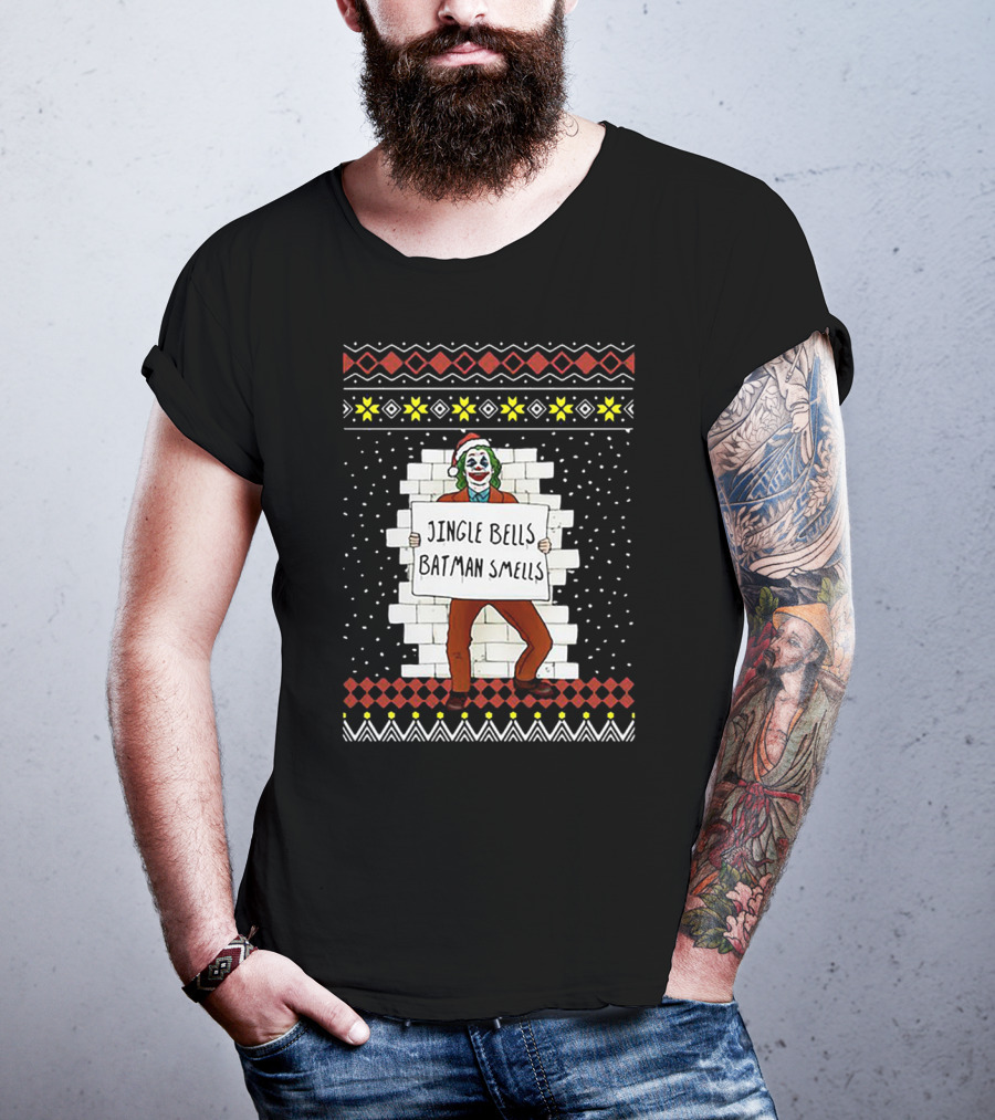 Jingle Bells Batman Smells Joker In Santa Hat Ugly Christmas T-Shirt