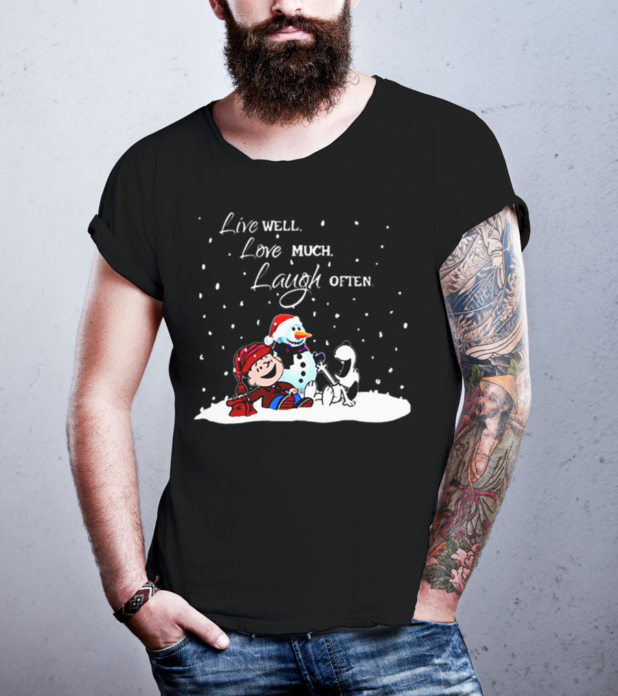 Snoopy Charlie Brown Live Well Love Much Laugh Often Winter Snowman Scene T-Shirt