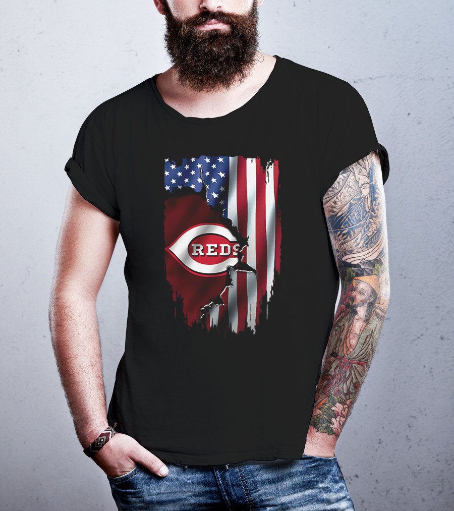 Cincinnati Reds American Flag Iconic Logo T-Shirt