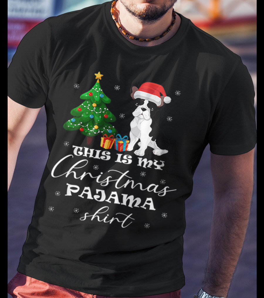 This Is My Christmas Pajama Shirt Bulldog Santa Hat Christmas Tree Presents T-Shirt