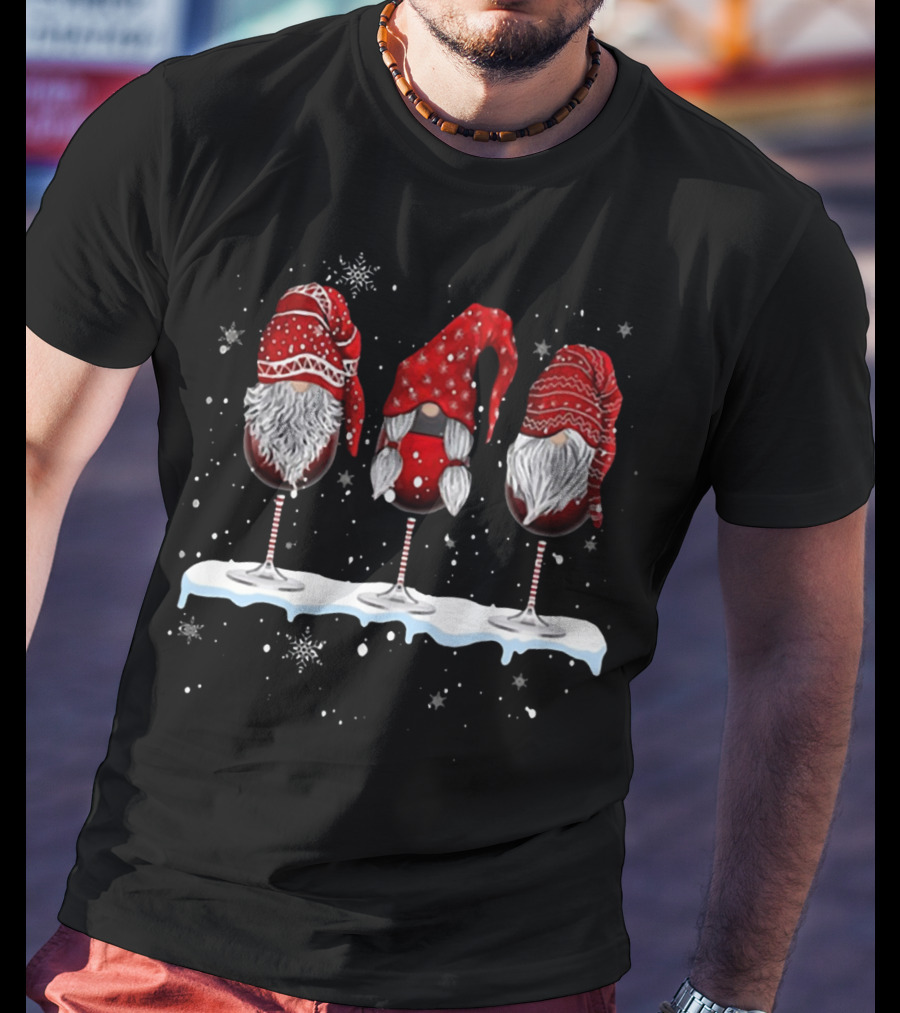 Wine Glasses Gnomies Holiday Snowflakes Gnome Trio T-Shirt