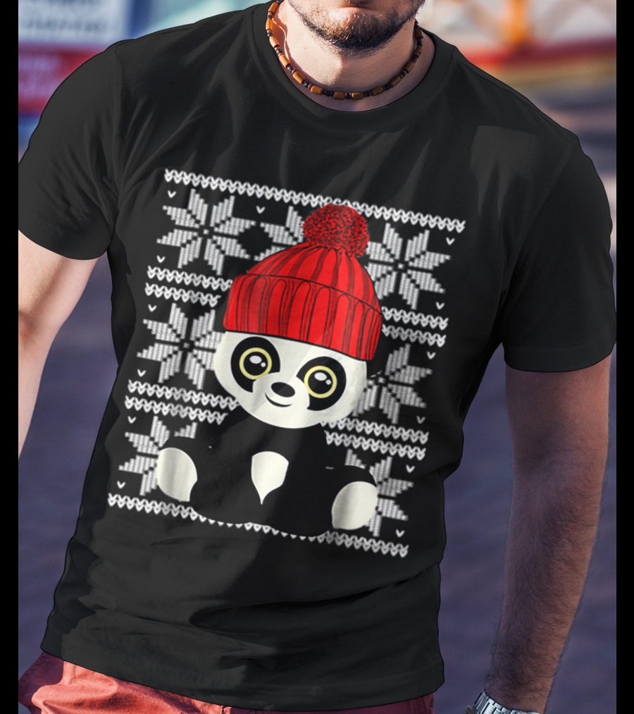 Ugly Sweater Christmas Panda Bear With Red Knit Hat T-Shirt