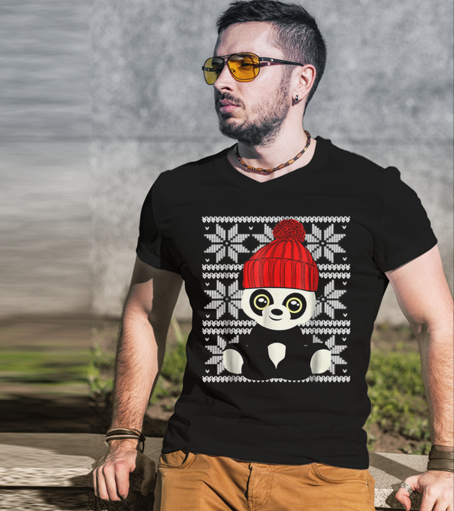 Ugly Sweater Christmas Panda Bear With Red Knit Hat T-Shirt