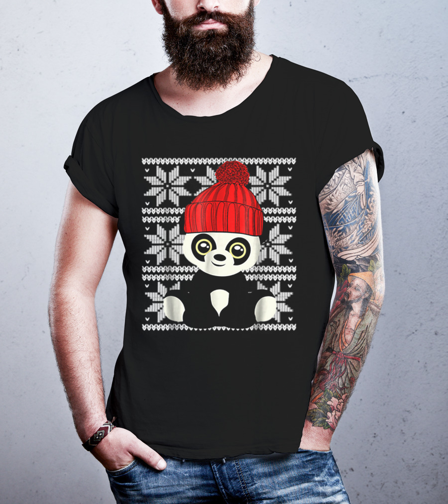 Ugly Sweater Christmas Panda Bear With Red Knit Hat T-Shirt
