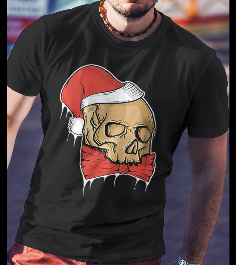 Vintage Skull Christmas Santa Hat Bow T-Shirt