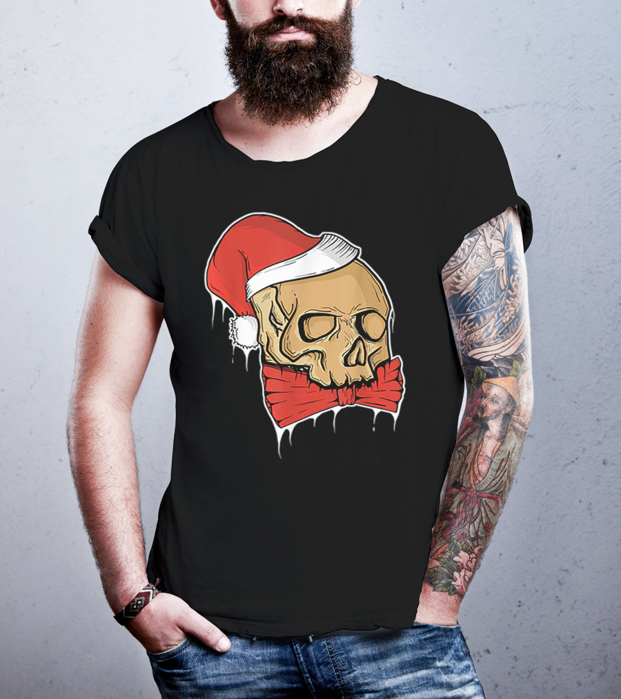 Vintage Skull Christmas Santa Hat Bow T-Shirt
