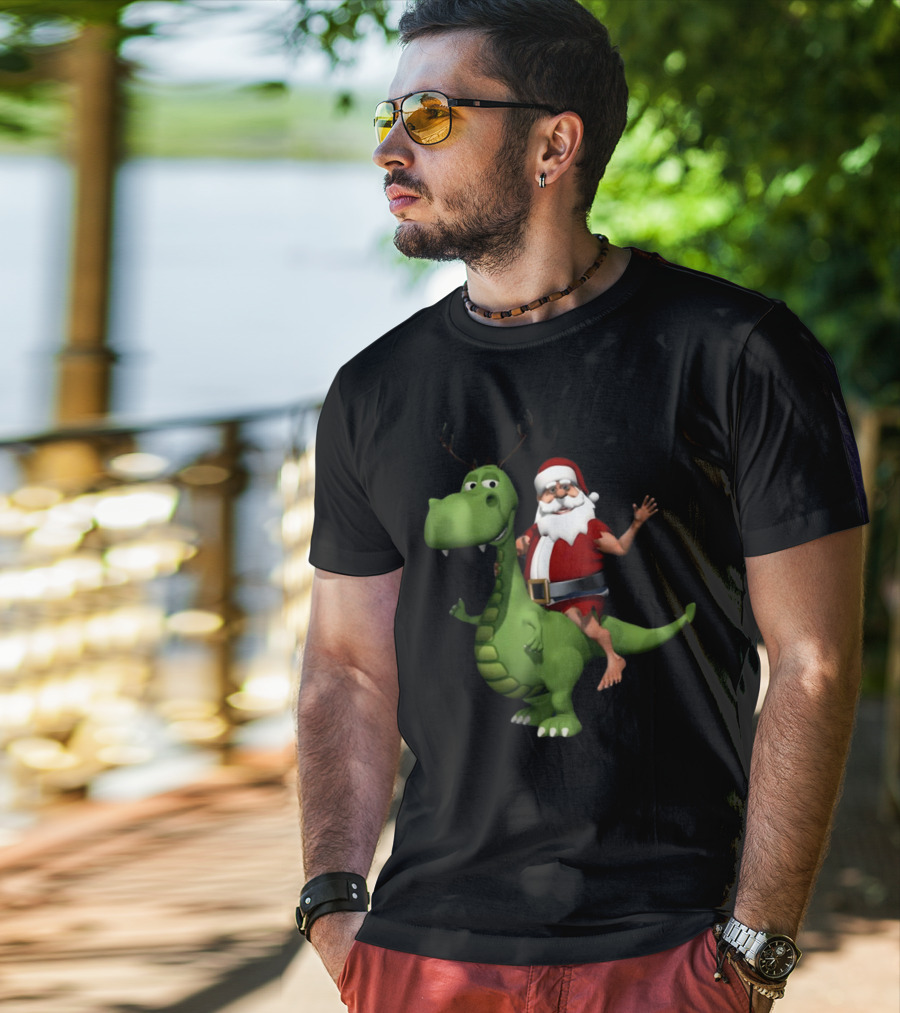 Santa Riding Rex Dinosaur Reindeer Christmas Holiday Fun T-Shirt