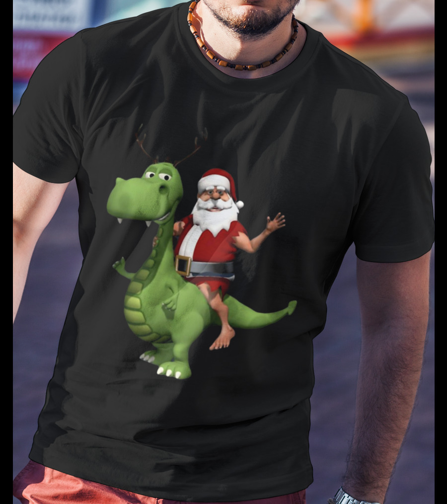 Santa Riding Rex Dinosaur Reindeer Christmas Holiday Fun T-Shirt