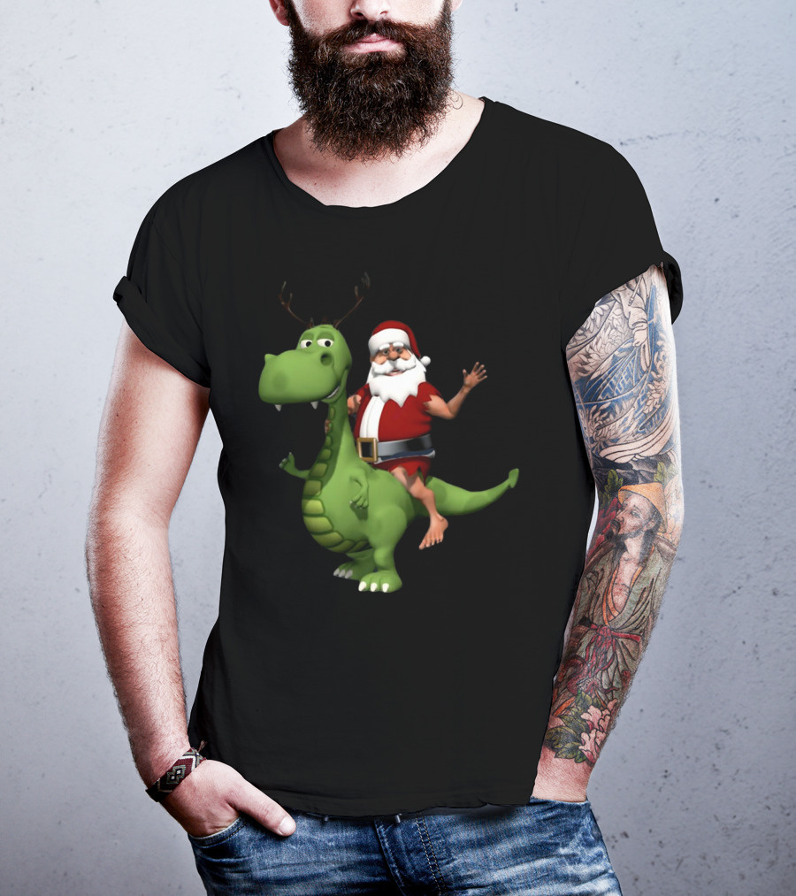 Santa Riding Rex Dinosaur Reindeer Christmas Holiday Fun T-Shirt
