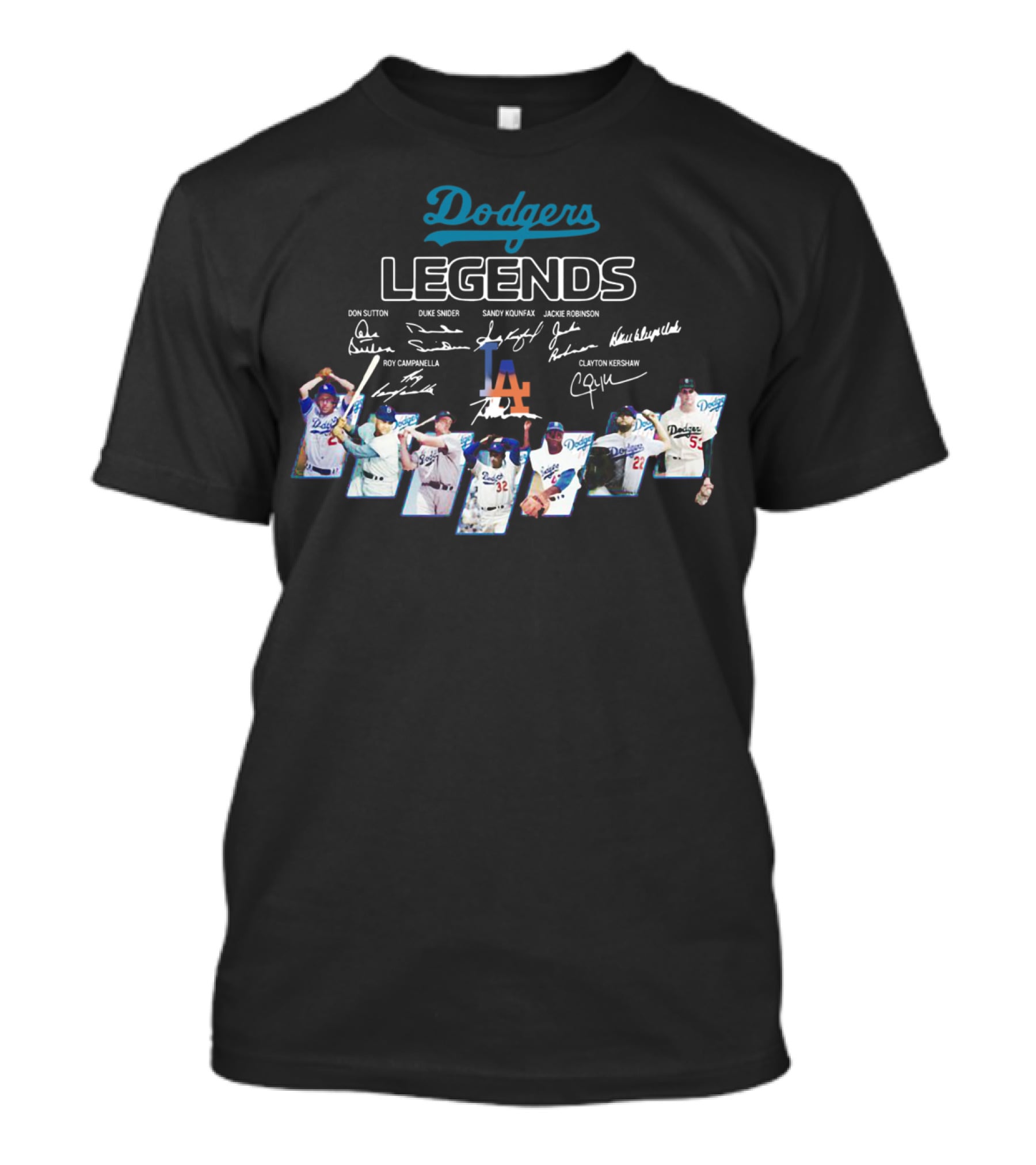 Dodgers Legends Don Sutton Duke Snider Sandy Koufax Jackie Robinson Roy Campanella Kirk Gibson Clayton Kershaw Signatures T-Shirt