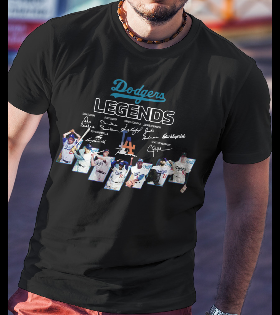 Dodgers Legends Don Sutton Duke Snider Sandy Koufax Jackie Robinson Roy Campanella Kirk Gibson Clayton Kershaw Signatures T-Shirt
