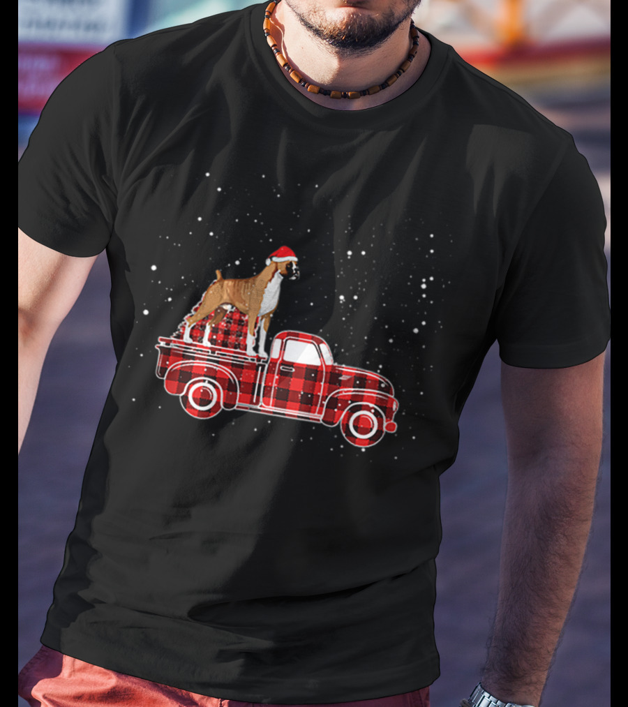 Boxer Buffalo Plaid Truck Xmas Santa Hat Snow T-Shirt