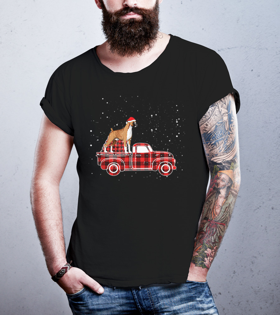 Boxer Buffalo Plaid Truck Xmas Santa Hat Snow T-Shirt