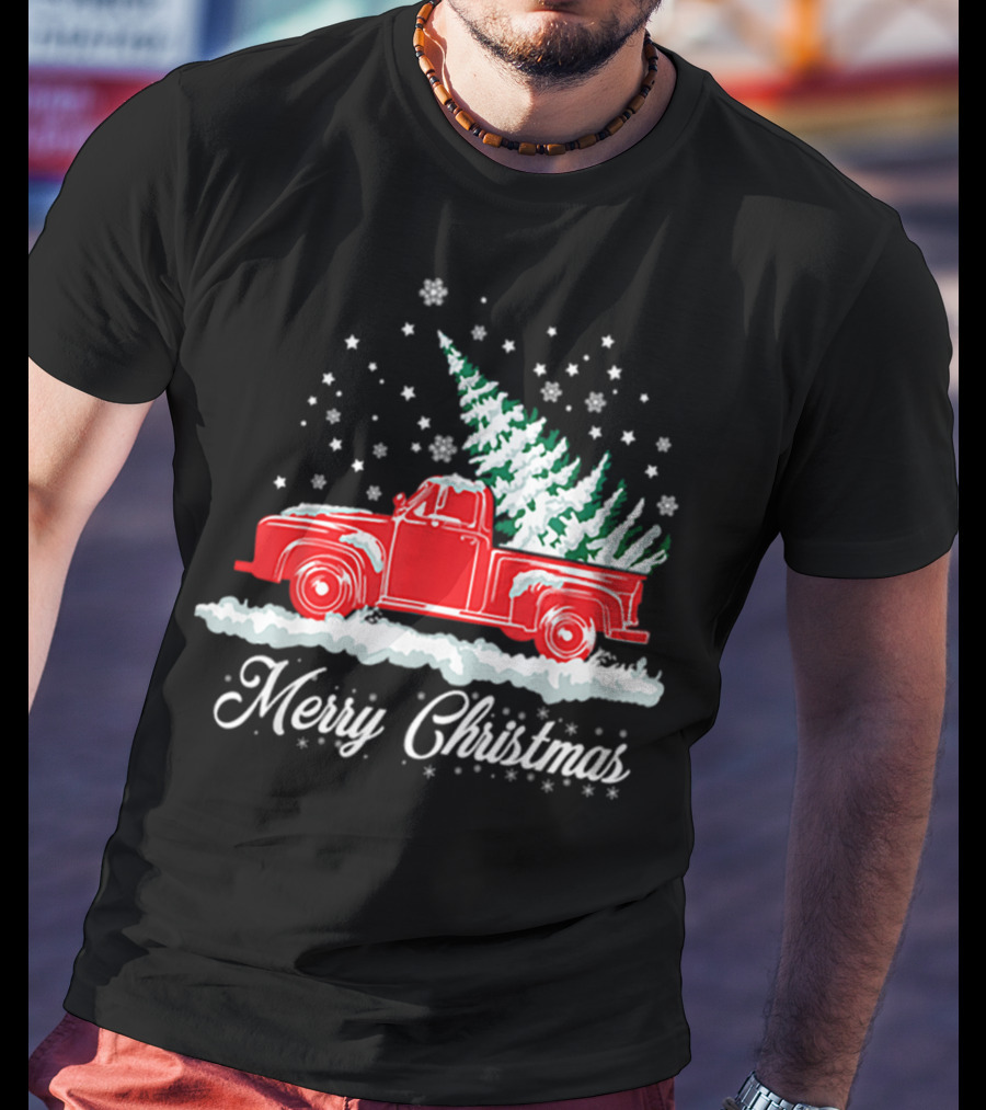 Merry Christmas Classic Old Red Truck With XMAS Tree Snowflakes T-Shirt