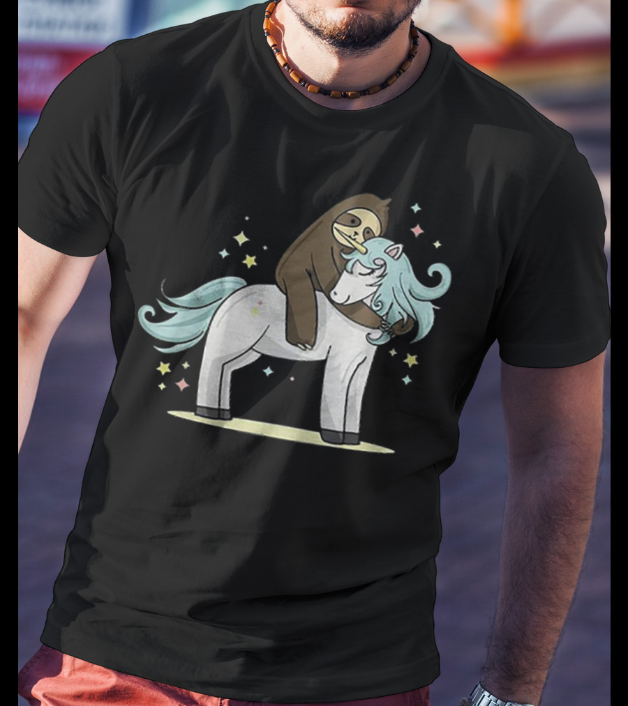 Sloth Hugging Magical Unicorn Surrounded By Sparkling Stars T-Shirt