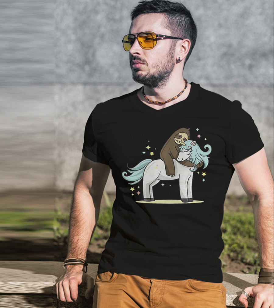 Sloth Hugging Magical Unicorn Surrounded By Sparkling Stars T-Shirt
