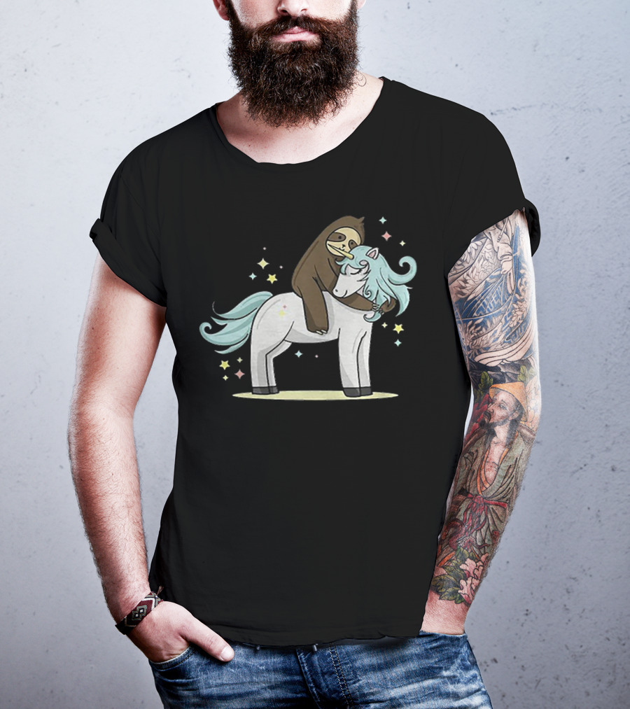Sloth Hugging Magical Unicorn Surrounded By Sparkling Stars T-Shirt