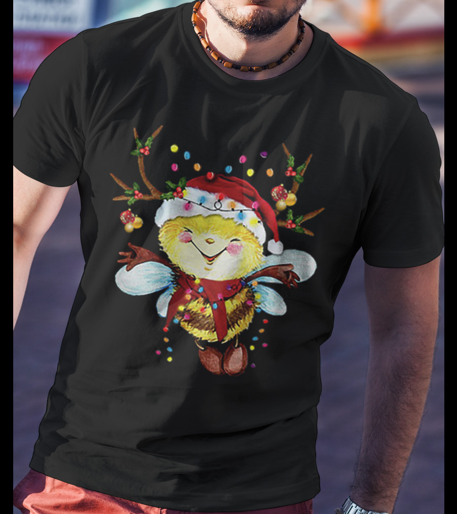 Santa Bee Reindeer Lights Holiday Cheer T-Shirt