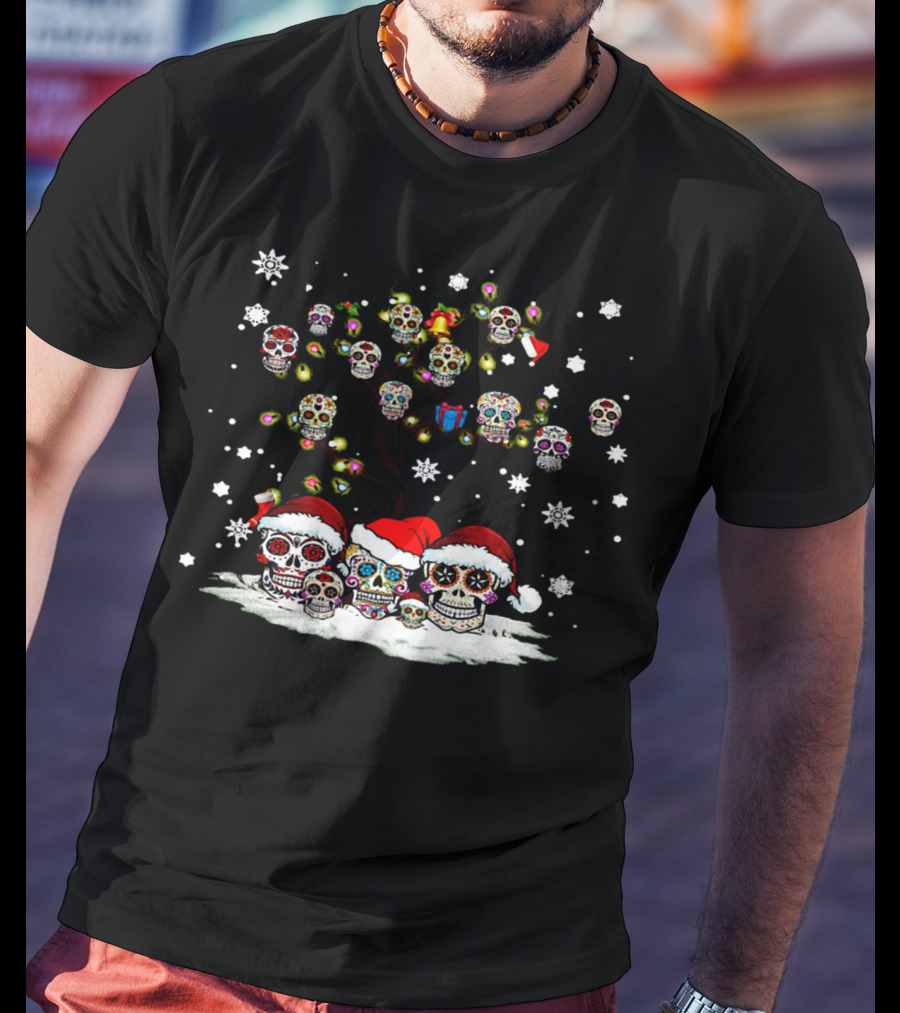 Christmas Sugar Skull Tree With Santa Hats And Snowflakes T-Shirt
