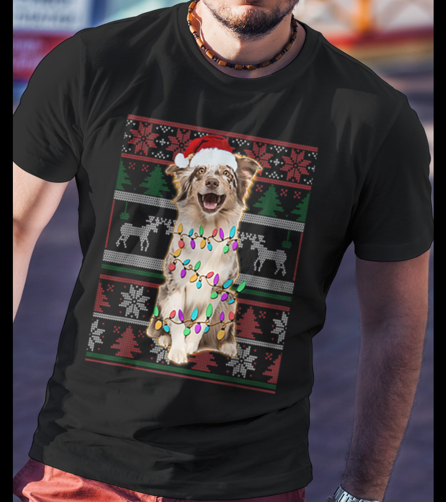 Australian Shepherd Christmas Festive Lights T-Shirt