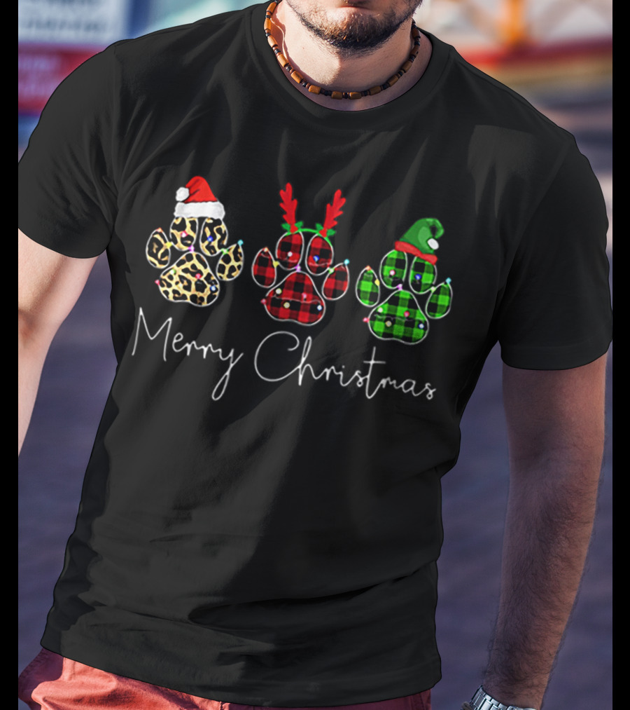 Merry Christmas Bear Paw Leopard Santa Antlers Plaid T-Shirt