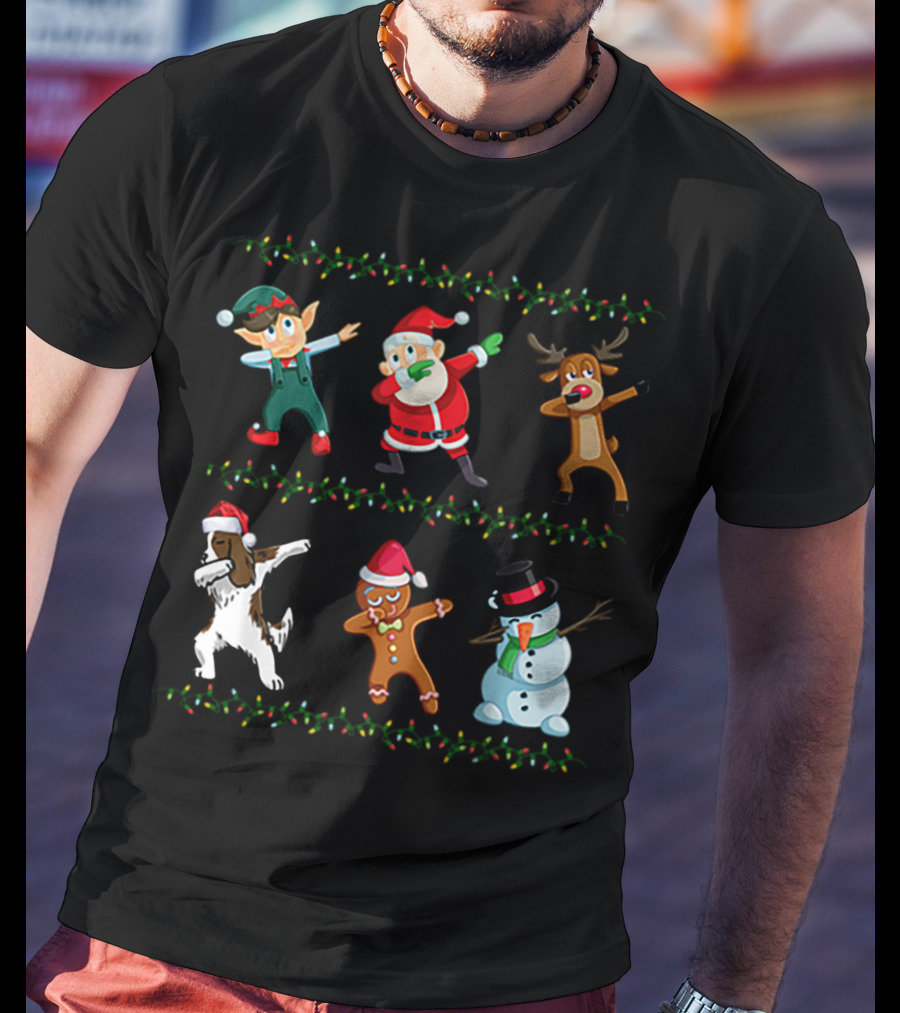 Dabbing Santa Springer Spaniel Elf Reindeer Gingerbread Snowman Christmas Friends T-Shirt