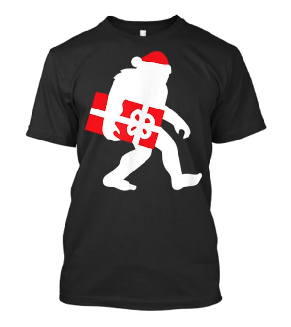 Nice Bigfoot Carrying Christmas Gift In Santa Hat T-Shirt