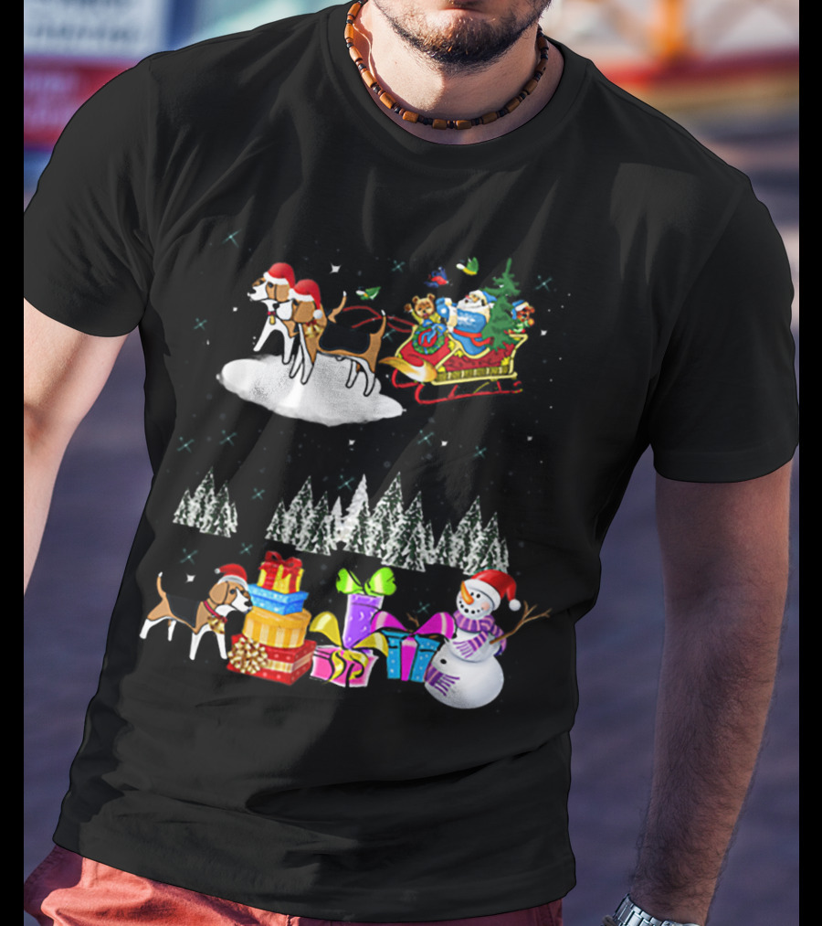 Beagle Reindeer Christmas Santa Sleigh Snowman Presents Trees Moon T-Shirt
