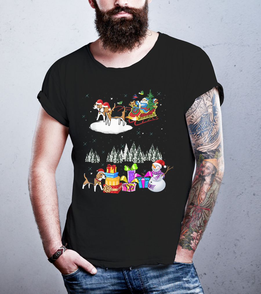 Beagle Reindeer Christmas Santa Sleigh Snowman Presents Trees Moon T-Shirt