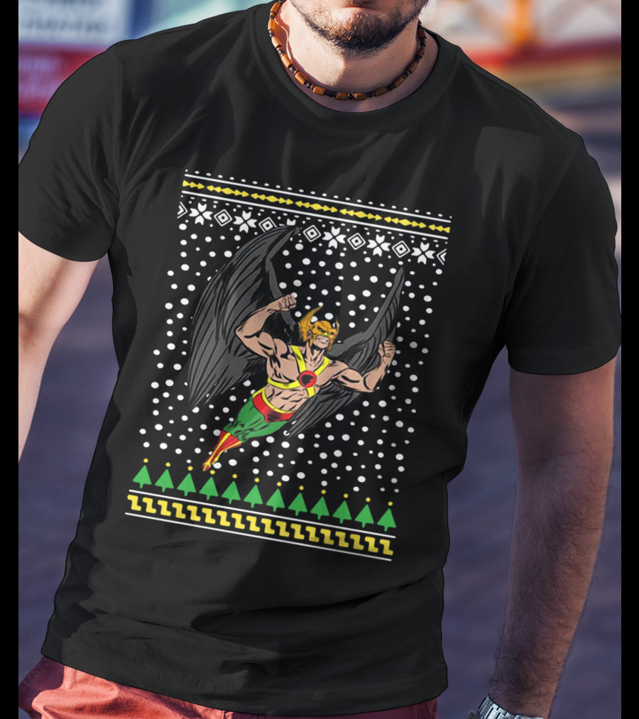 Hawkman Flying With Bold Black Wings And Festive Background T-Shirt