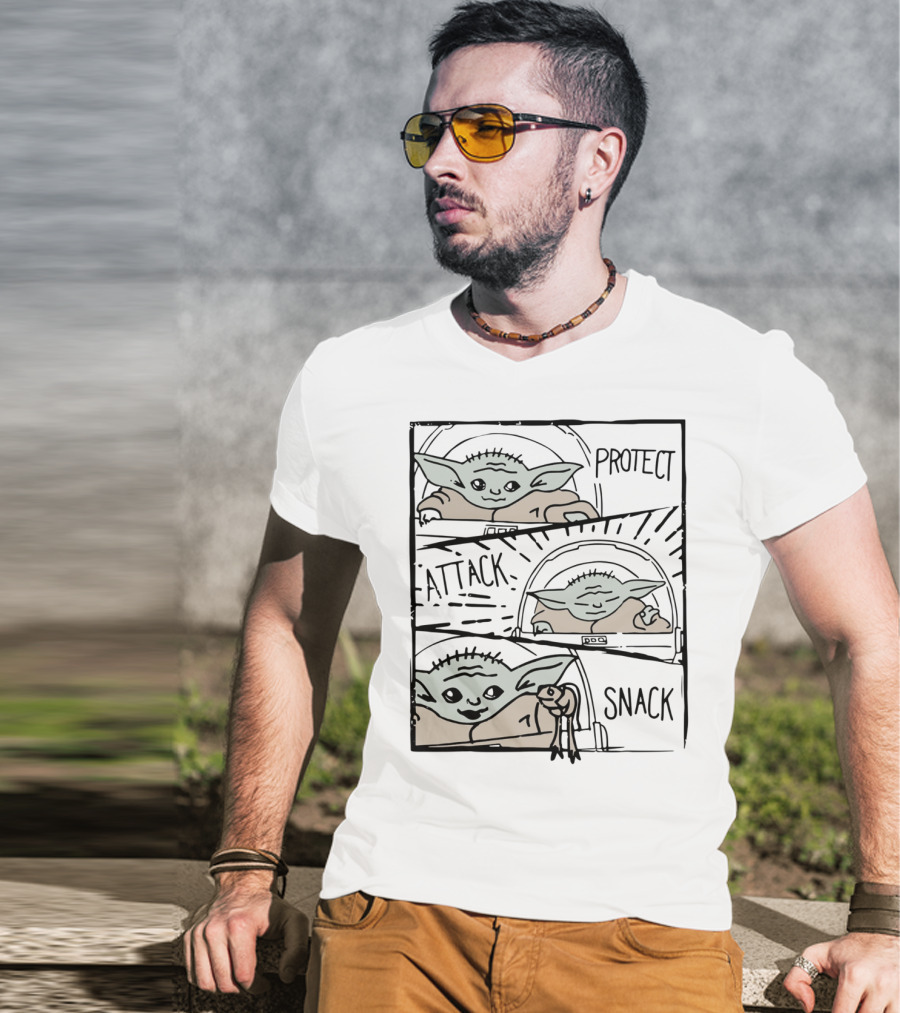 Star Wars Mandalorian Baby Yoda The Child Protect Attack Snack Comic Strip T-Shirt