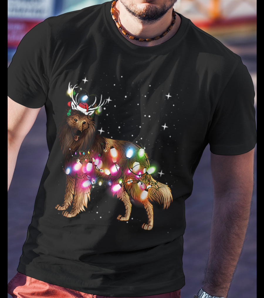 Belgian Tervuren In Santa Hat With Holiday Christmas Lights And Snowflakes T-Shirt