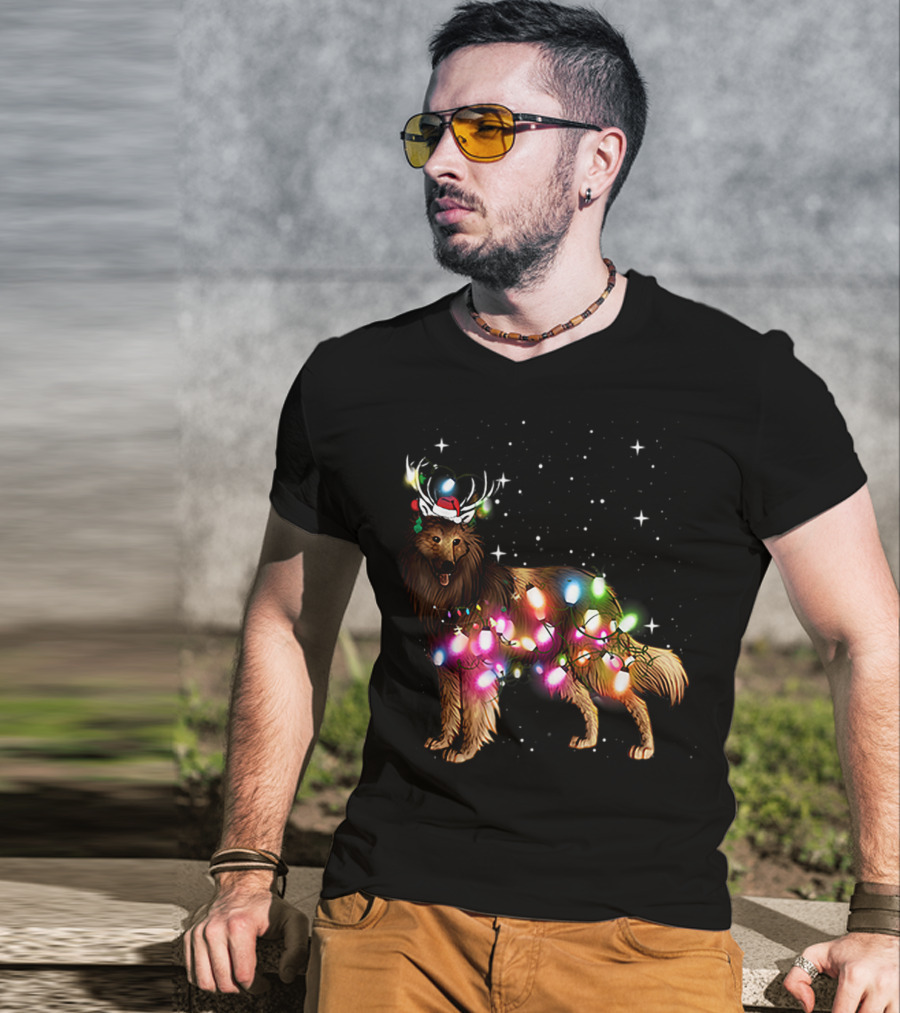 Belgian Tervuren In Santa Hat With Holiday Christmas Lights And Snowflakes T-Shirt