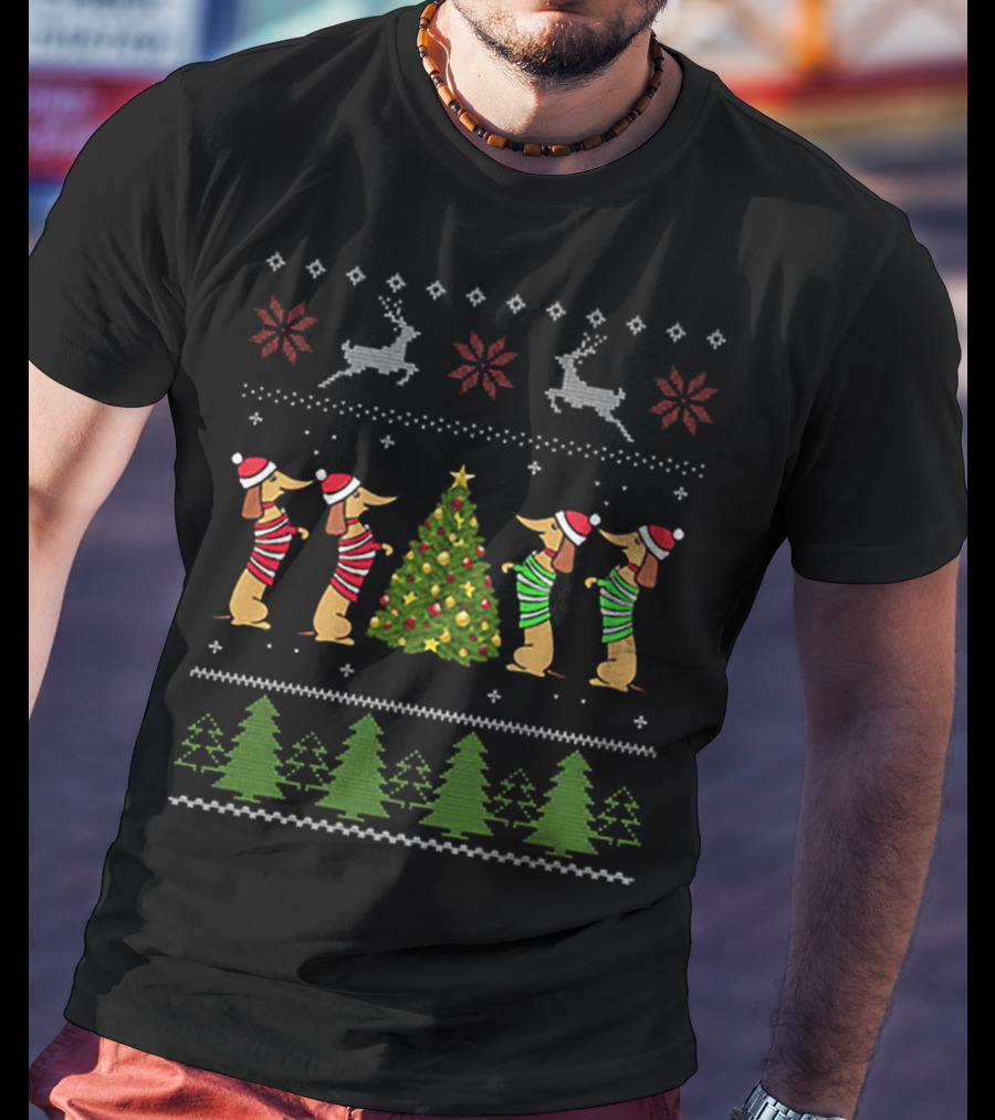 Dachshund Ugly Christmas Sweater Tree Reindeer T-Shirt