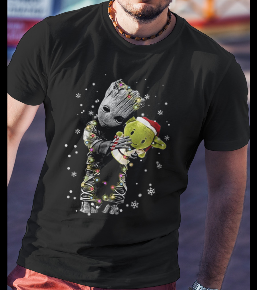 Baby Groot Hugging Baby Yoda Christmas Lights Snowflakes T-Shirt