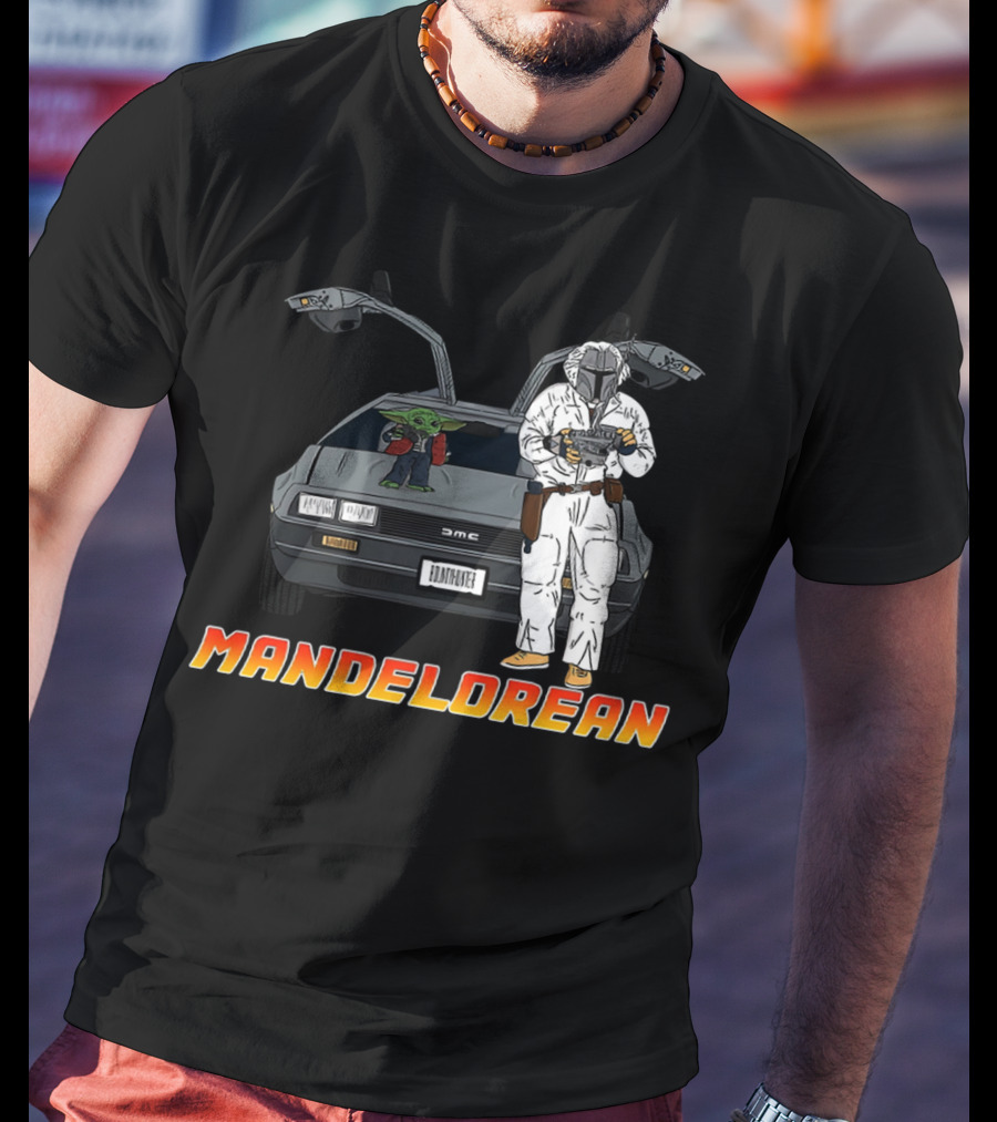 Mandelorean Baby Yoda And Boba Fett With DeLorean Car T-Shirt