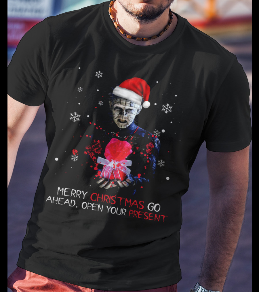 Merry Christmas Go Ahead Open Your Present Pinhead Santa Hat Snowflakes T-Shirt