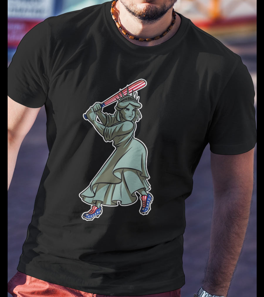 Liberty Statue Playing Baseball With American Flag Bat And Star-Spangled Shoes T-Shirt
