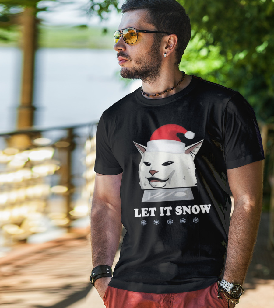 Let It Snow Cat In Santa Hat With Snowflakes T-Shirt
