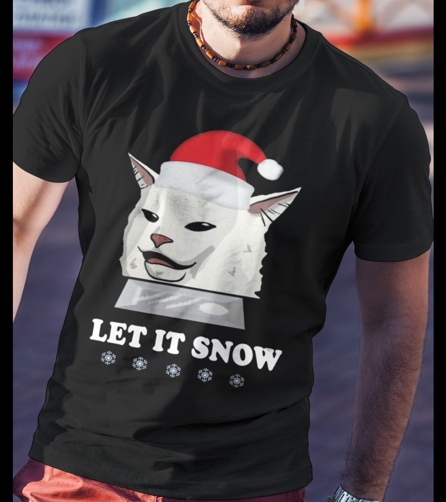 Let It Snow Cat In Santa Hat With Snowflakes T-Shirt