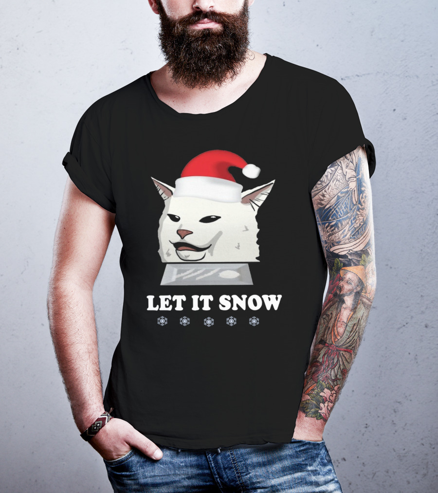 Let It Snow Cat In Santa Hat With Snowflakes T-Shirt
