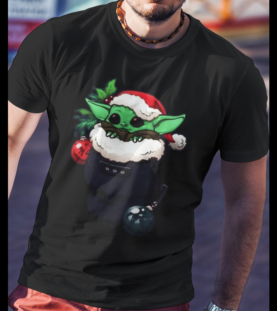 Santa Baby Yoda Christmas Stocking With Festive Ornaments And Santa Hat T-Shirt