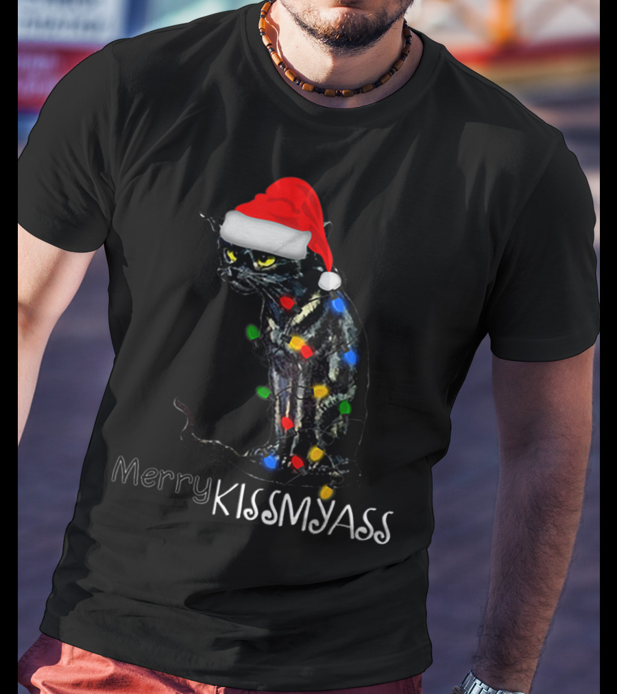 Merry Kissmyass Black Cat Santa Hat Christmas Lights T-Shirt