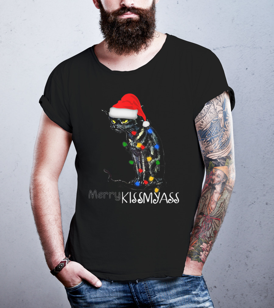 Merry Kissmyass Black Cat Santa Hat Christmas Lights T-Shirt