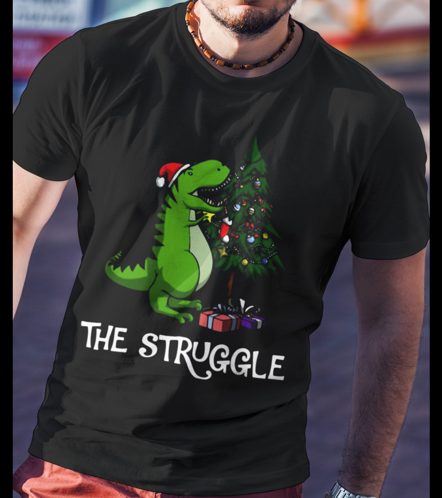 T Rex Dinosaur The Struggle With Christmas Tree T-Shirt