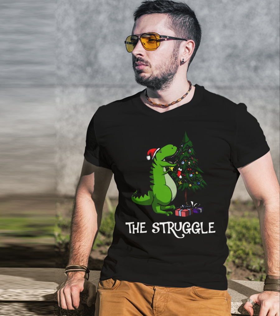 T Rex Dinosaur The Struggle With Christmas Tree T-Shirt