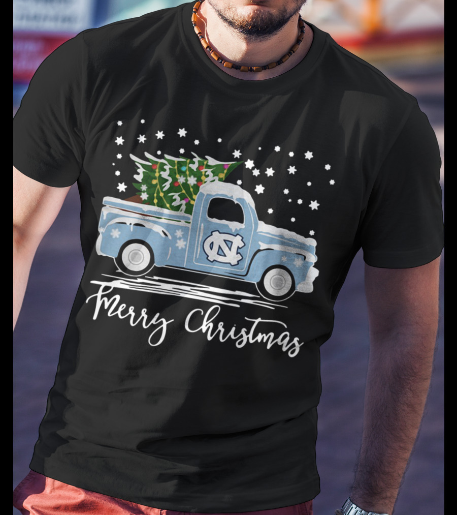 North Carolina Tar Heels Merry Christmas Pickup Truck With Tree T-Shirt