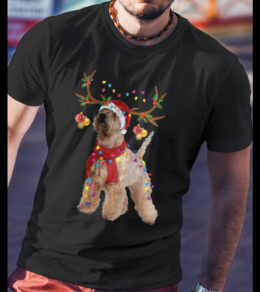 Christmas Wheaten Terrier With Santa Hat And Reindeer Antlers T-Shirt