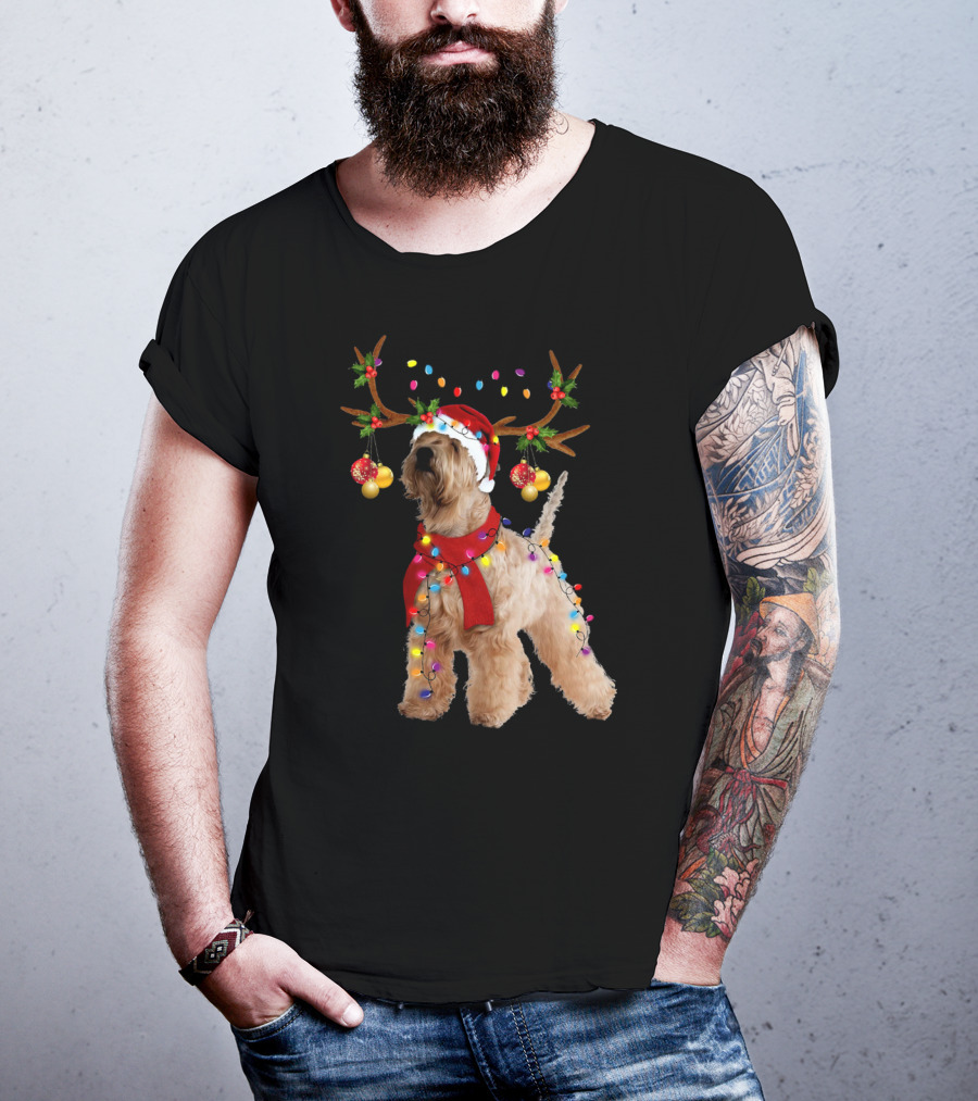 Christmas Wheaten Terrier With Santa Hat And Reindeer Antlers T-Shirt